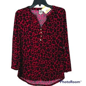 Anne Klein animal print burgundy and black Christmas blouse NWT Small